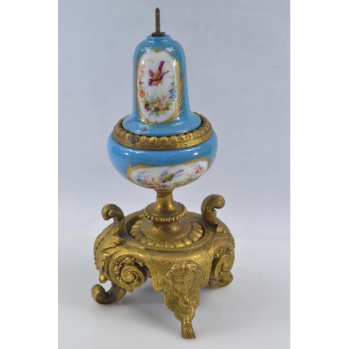 442 - Gilt metal and hand painted porcelain three piece mantle clock garniture, late C19th/early C20th, de... 