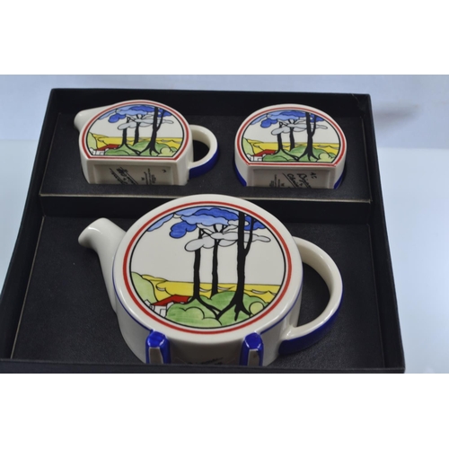 446 - Wedgwood Blue Firs Bonjour,  Bizarre by Clarice Cliff tea set in box with certificate