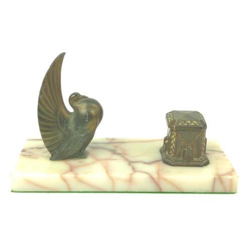 451 - Art Deco brass inkwell with dove on marble base W23 x D10 x H14cm