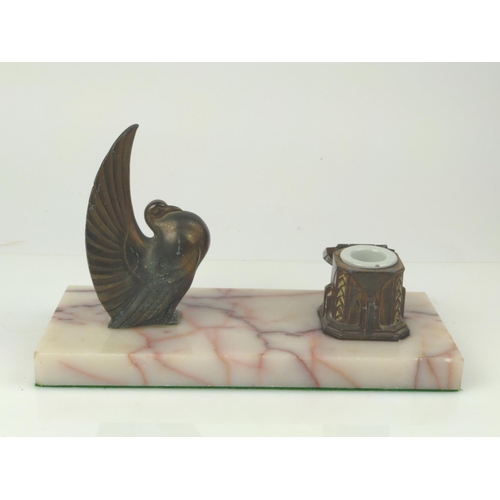 451 - Art Deco brass inkwell with dove on marble base W23 x D10 x H14cm