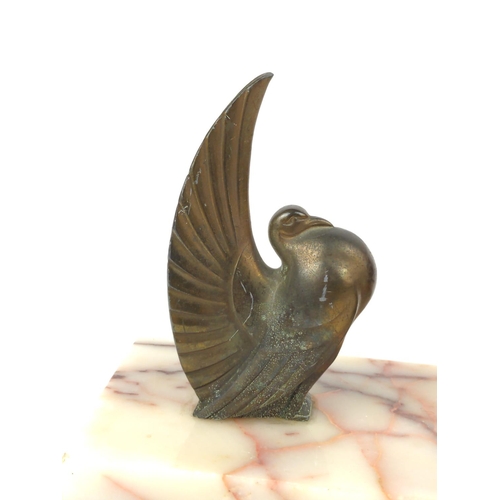 451 - Art Deco brass inkwell with dove on marble base W23 x D10 x H14cm