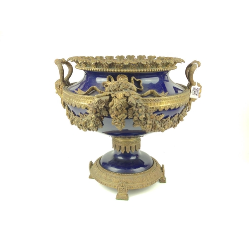 490 - Large Sevres style ornate brass and cobalt blue urn W45cm x H40cm