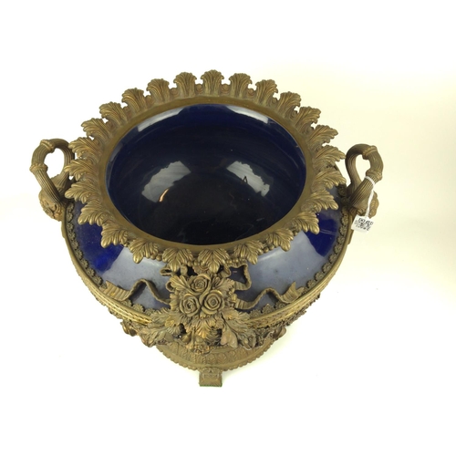 490 - Large Sevres style ornate brass and cobalt blue urn W45cm x H40cm