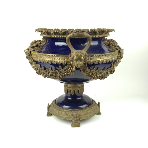 490 - Large Sevres style ornate brass and cobalt blue urn W45cm x H40cm