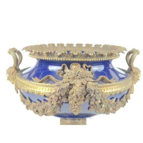 490 - Large Sevres style ornate brass and cobalt blue urn W45cm x H40cm