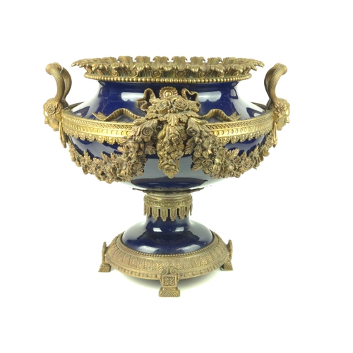 490 - Large Sevres style ornate brass and cobalt blue urn W45cm x H40cm