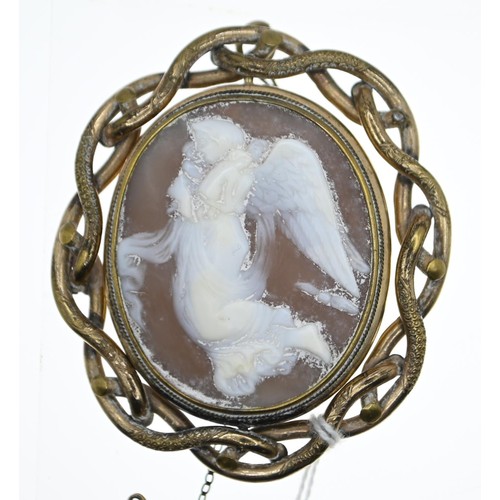 148 - Double sided swivel cameo / photograph mourning brooch.  (pin missing.) With safety chain. Inner fra... 