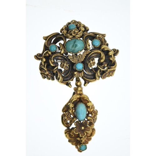 154 - Victorian yellow metal mourning brooch set with turquoise. With bale for use a pendant. Tests positi... 