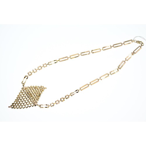 56 - 9ct gold gate link necklace with articulated centre piece. Length 440mm  Weight 15g (matches with br... 