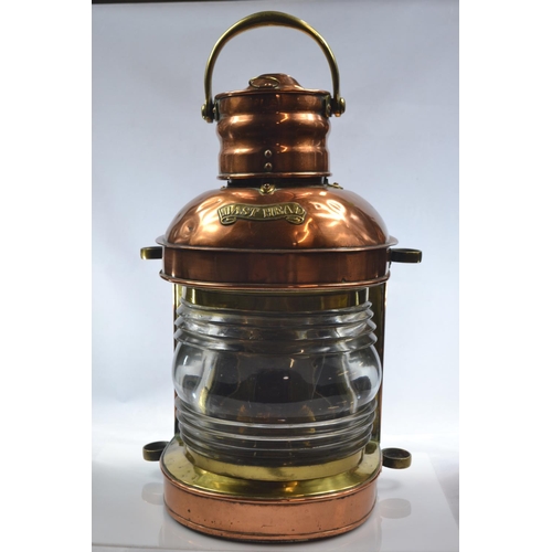 461 - Large Mast Head copper and brass ships lamp with thick glass lens H46cm