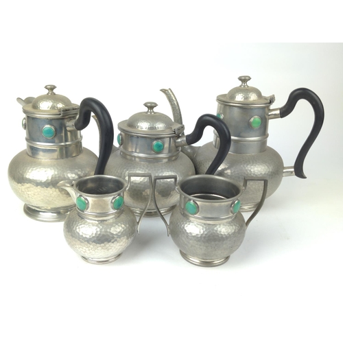 462 - Ashberry arts & crafts hammered pewter with ceramic detail five piece tea & coffee set. Tall... 