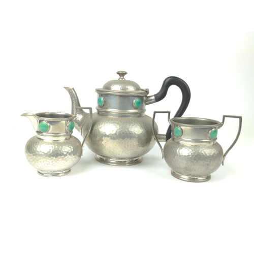 462 - Ashberry arts & crafts hammered pewter with ceramic detail five piece tea & coffee set. Tall... 