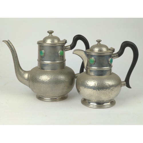 462 - Ashberry arts & crafts hammered pewter with ceramic detail five piece tea & coffee set. Tall... 