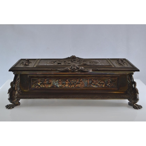 463 - Elkington & Co. ornate plated casket with classical style relief. 29cm wide x 12cm deep x 9cm hi... 