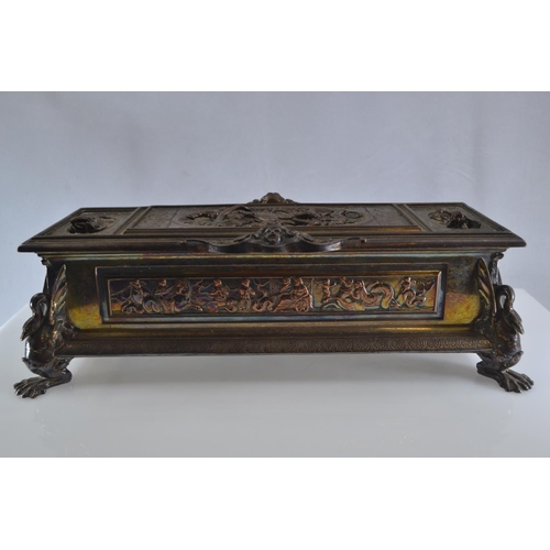 463 - Elkington & Co. ornate plated casket with classical style relief. 29cm wide x 12cm deep x 9cm hi... 