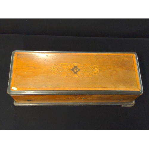 491 - Swiss music box Etouffoirs En Acier Soit A Spiraux, with inlay details to top and sides L71cm x 27cm... 