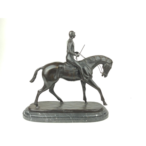 489 - Large bronze figure of horse and rider, signed Bonheur L40cm H40cm