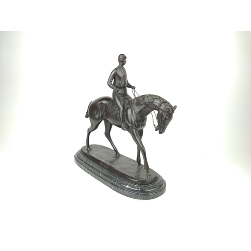 489 - Large bronze figure of horse and rider, signed Bonheur L40cm H40cm