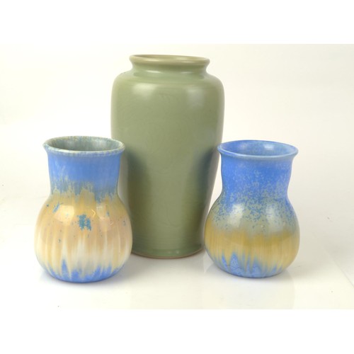 449 - Two Ruskin blue glazed vases with impressed marks to base, one signed and dated 1931, height 15cm to... 