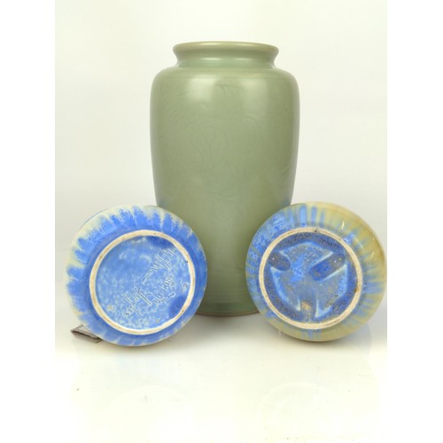 449 - Two Ruskin blue glazed vases with impressed marks to base, one signed and dated 1931, height 15cm to... 