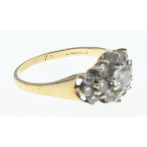 107 - Three 9ct gold rings set with CZ, sizes K-M, gross weight 5.21 grams, one stone missing