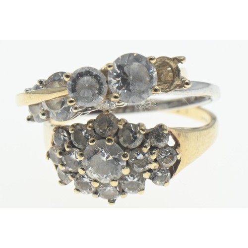 107 - Three 9ct gold rings set with CZ, sizes K-M, gross weight 5.21 grams, one stone missing