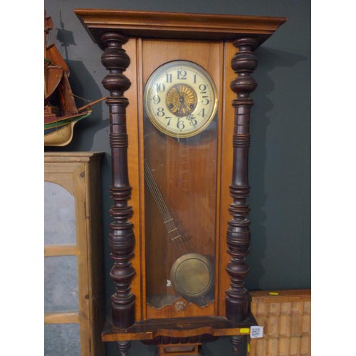 432 - 19th/20th century German style wall clock. Ceramic face with brass surround and brass pendulum with ... 