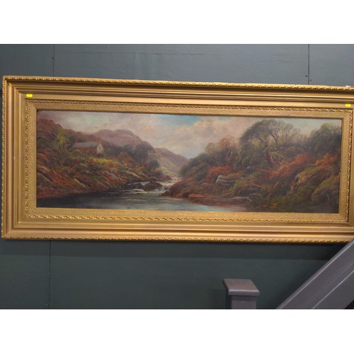 423 - Large oil on board country riverside landscape, English school signature found lower right is not le... 