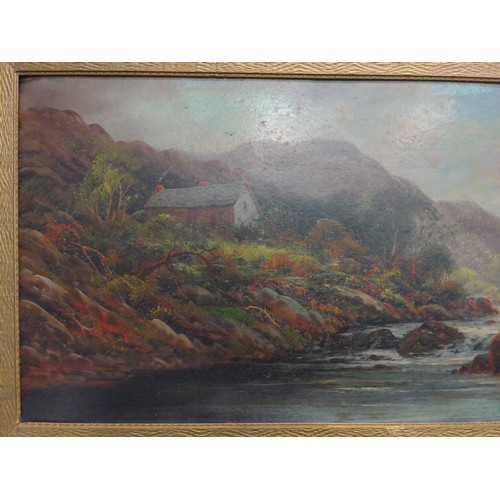 423 - Large oil on board country riverside landscape, English school signature found lower right is not le... 