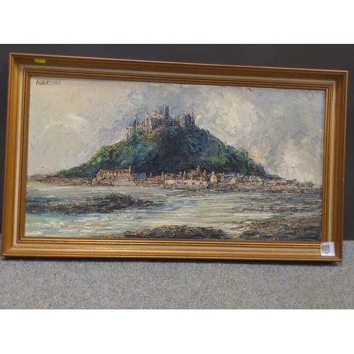 425 - Robert Hill oil on canvas of St. Michael's Mount, Cornwall. Signed top left. Dim 86 x 50 cm