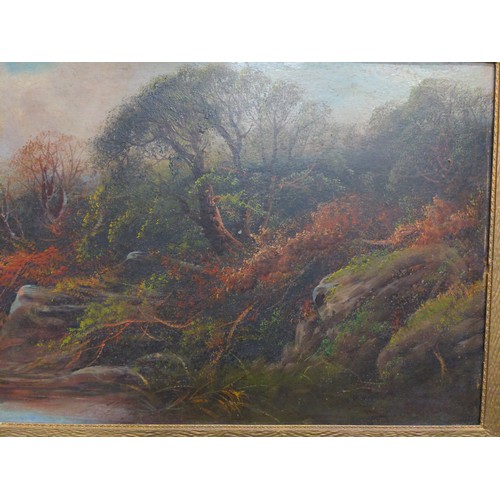 423 - Large oil on board country riverside landscape, English school signature found lower right is not le... 