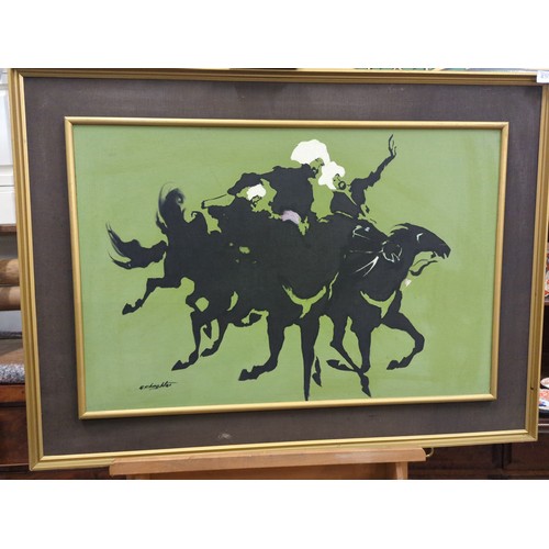 430 - G. Chughtai, original acrylic of Afghan horsemen. Signed bottom left, framed W94 x H68.5 cm