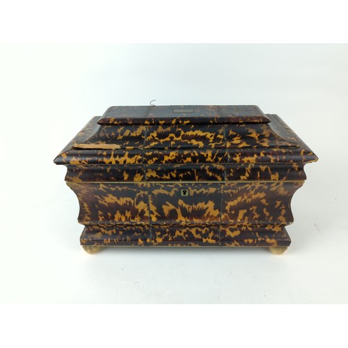 444 - Late Georgian tortoiseshell inlaid lift top tea caddy W30.5cm x D16cm x H19cm