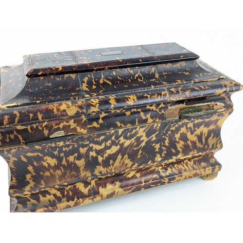 444 - Late Georgian tortoiseshell inlaid lift top tea caddy W30.5cm x D16cm x H19cm