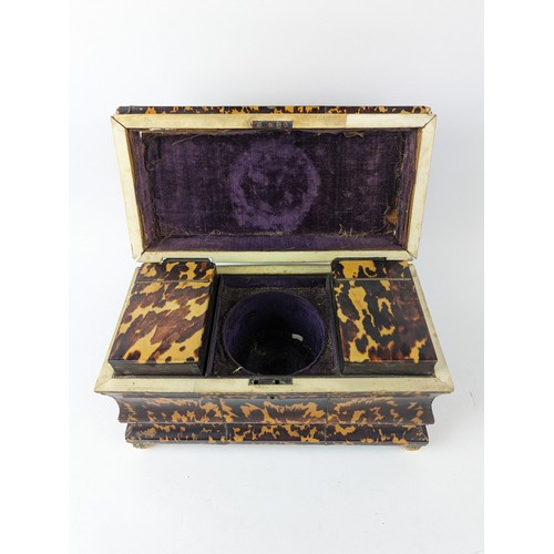 444 - Late Georgian tortoiseshell inlaid lift top tea caddy W30.5cm x D16cm x H19cm