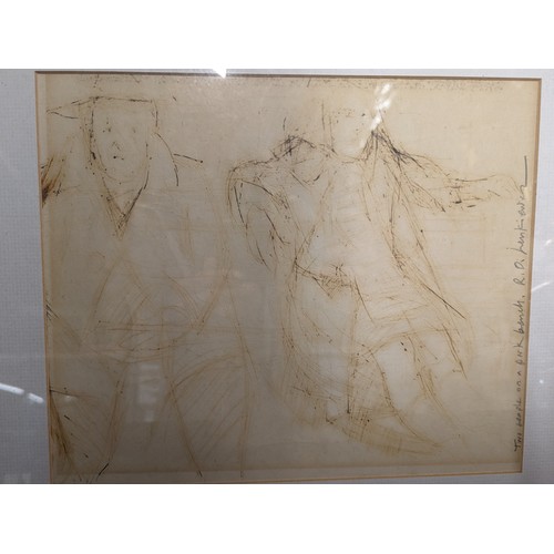 427 - Robert Lenkiewicz pen sketch - Titled 'Two people on a Bench' and signed, very faded. With an additi... 