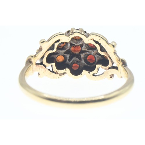 112 - Yellow metal and garnet cluster ring, tests positive for 9ct gold, size R, gross weight 3.74 grams