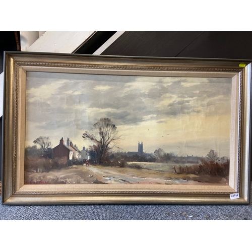 422A - Marcus Ford (1915 -1989) oil on canvas of a winter landscape 'View of Bungay'. Signed lower left. W9... 