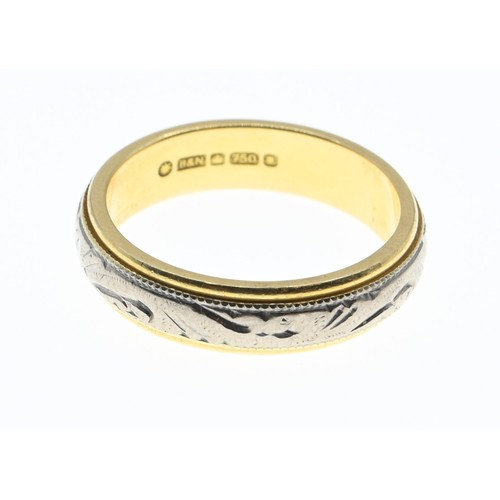 57A - 18ct white and yellow gold band with sweeping engraved pattern. Size N. Gross weight 6.4g