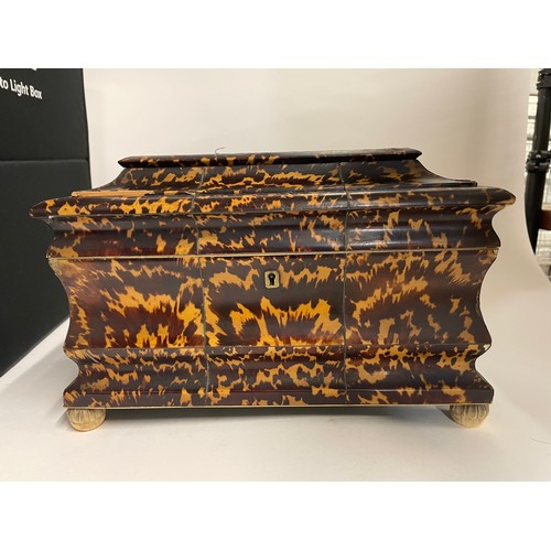 444 - Late Georgian tortoiseshell inlaid lift top tea caddy W30.5cm x D16cm x H19cm