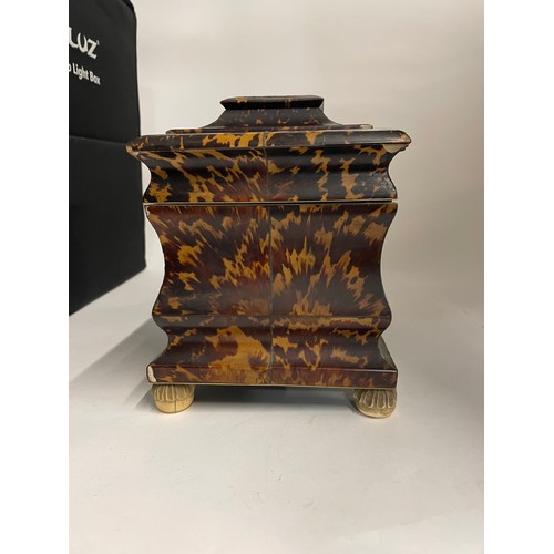 444 - Late Georgian tortoiseshell inlaid lift top tea caddy W30.5cm x D16cm x H19cm