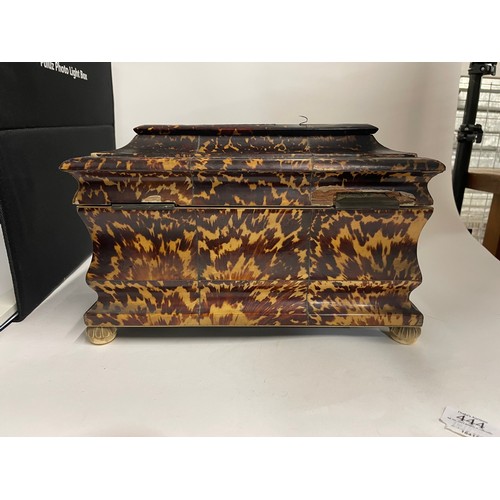 444 - Late Georgian tortoiseshell inlaid lift top tea caddy W30.5cm x D16cm x H19cm