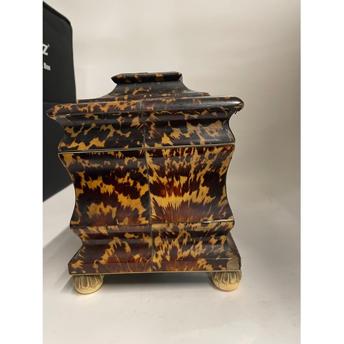 444 - Late Georgian tortoiseshell inlaid lift top tea caddy W30.5cm x D16cm x H19cm