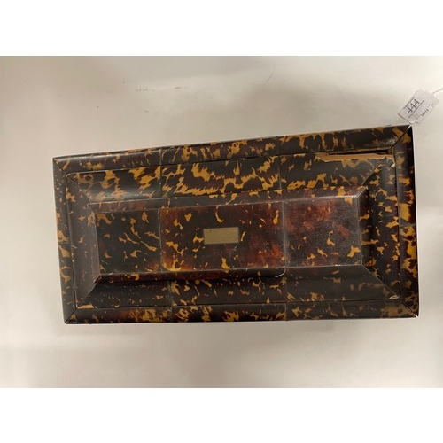 444 - Late Georgian tortoiseshell inlaid lift top tea caddy W30.5cm x D16cm x H19cm