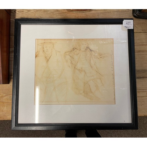 427 - Robert Lenkiewicz pen sketch - Titled 'Two people on a Bench' and signed, very faded. With an additi... 