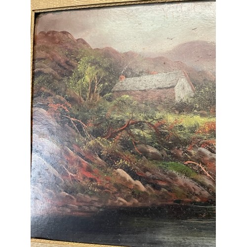 423 - Large oil on board country riverside landscape, English school signature found lower right is not le... 