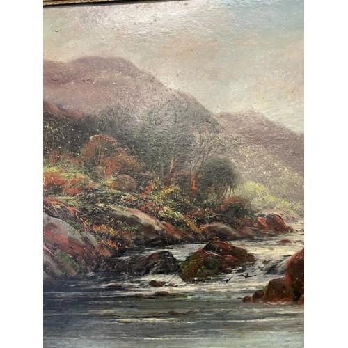 423 - Large oil on board country riverside landscape, English school signature found lower right is not le... 