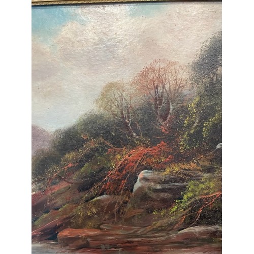 423 - Large oil on board country riverside landscape, English school signature found lower right is not le... 