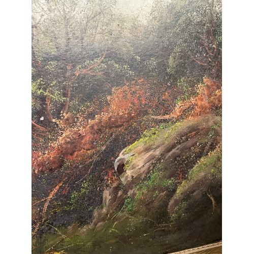 423 - Large oil on board country riverside landscape, English school signature found lower right is not le... 