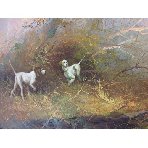 421 - J.Kingman (C20th), oil on canvas of two pointers raising game amongst woodland, signed lower right, ... 